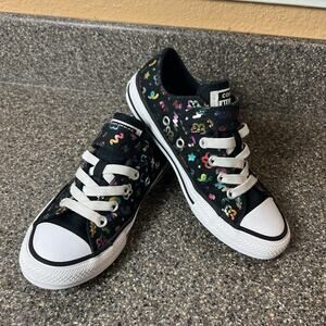 Converse All Star Youth Girls 13 Black Glitter Canvas Sneaker Low Top Snap Shoes
